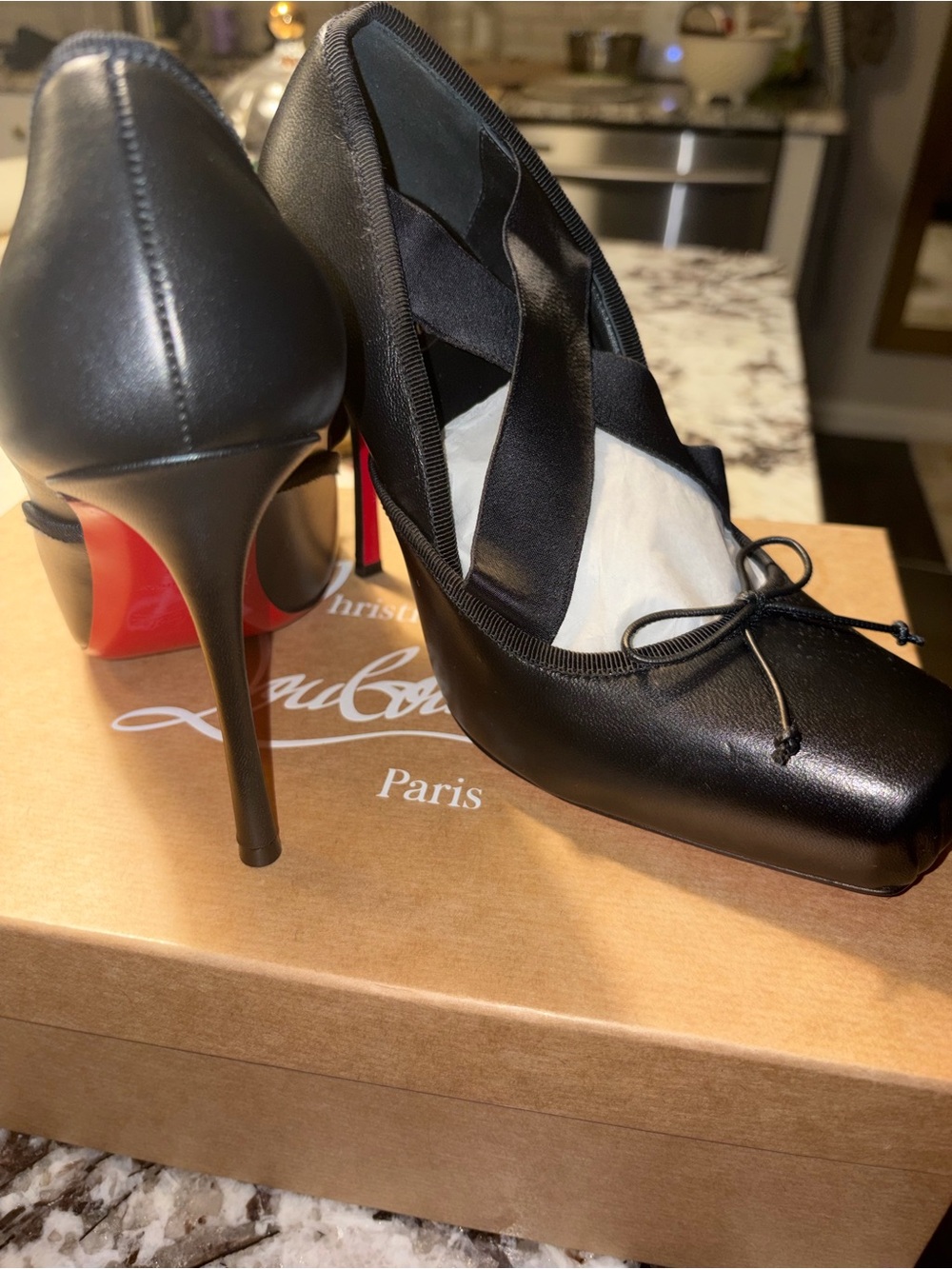 Christian Louboutin Black Leather Ribbon-Strap Pointed Toe Pumps with Red Sole